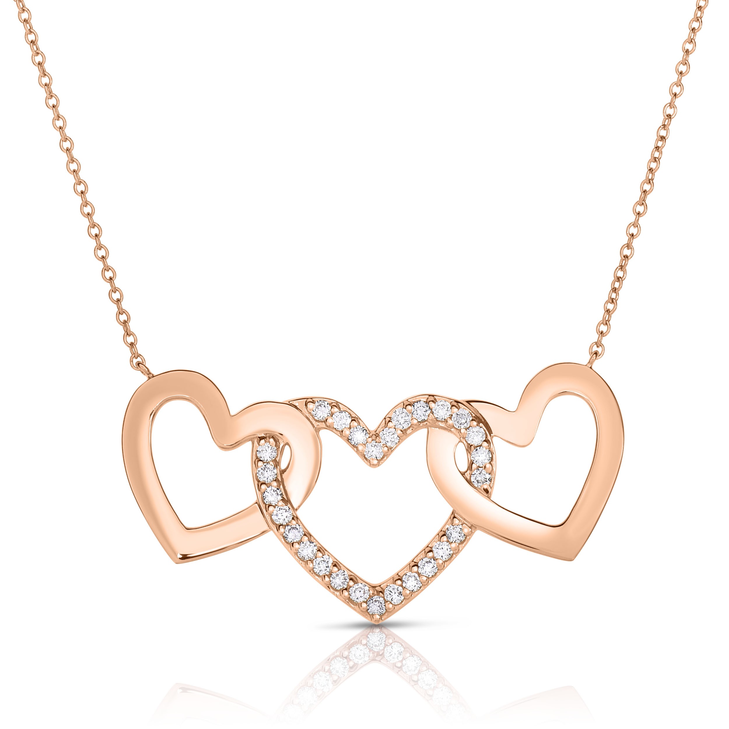 18K Rose Gold 3 Hearts Love Bonds Necklace with Lab-Grown Diamonds on AIDIA Extendable Link Chain