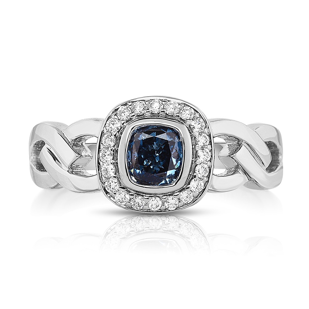 18K White Gold Halo Link Ring with a 0.46ct Fancy Deep Blue Cushion Cut Lab-Grown Diamond
