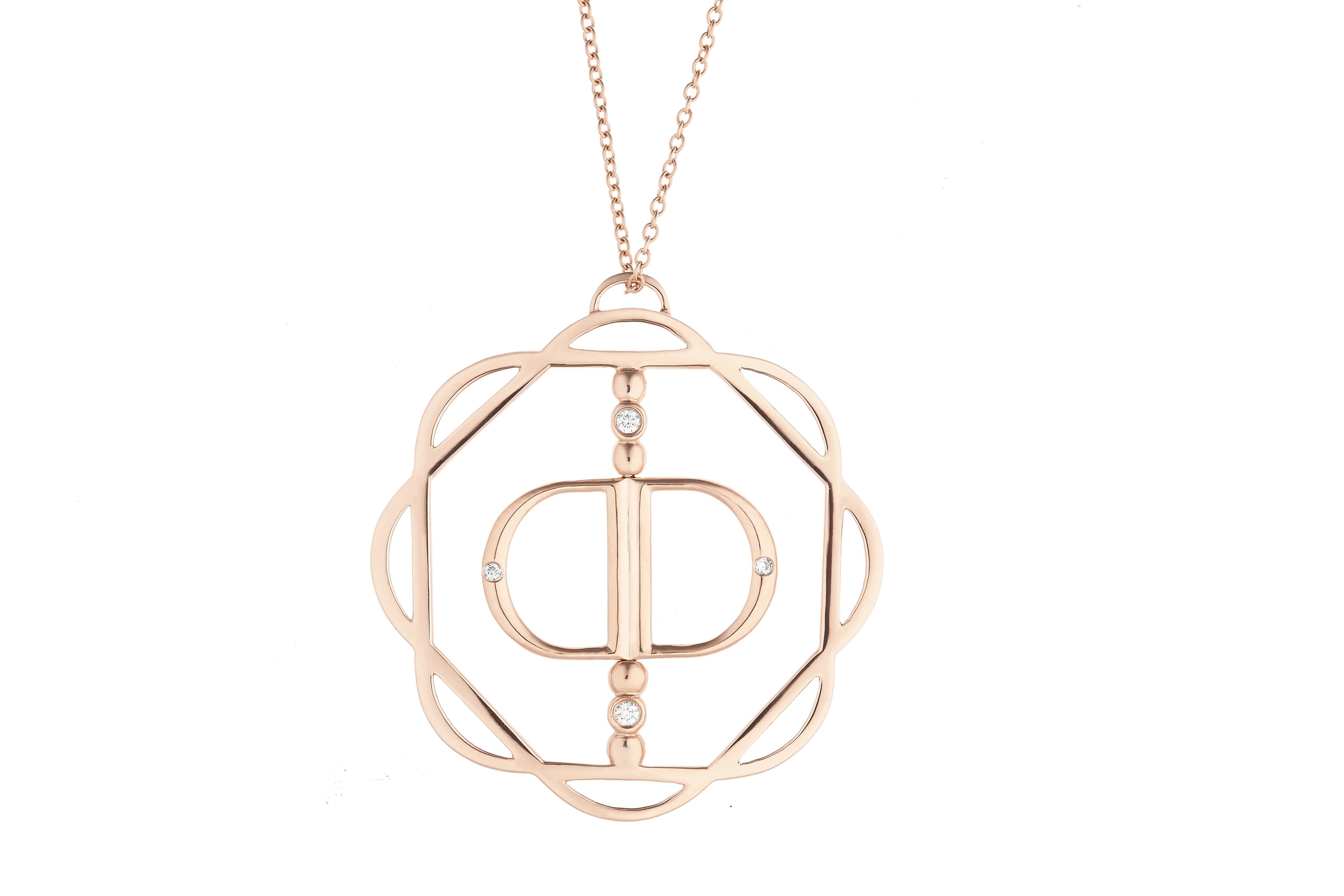 18K Rose Gold Cut-Out Flora Pendant with Mirror Double D and 4 Lab Created Diamonds on AIDIA Extendable Link Chain