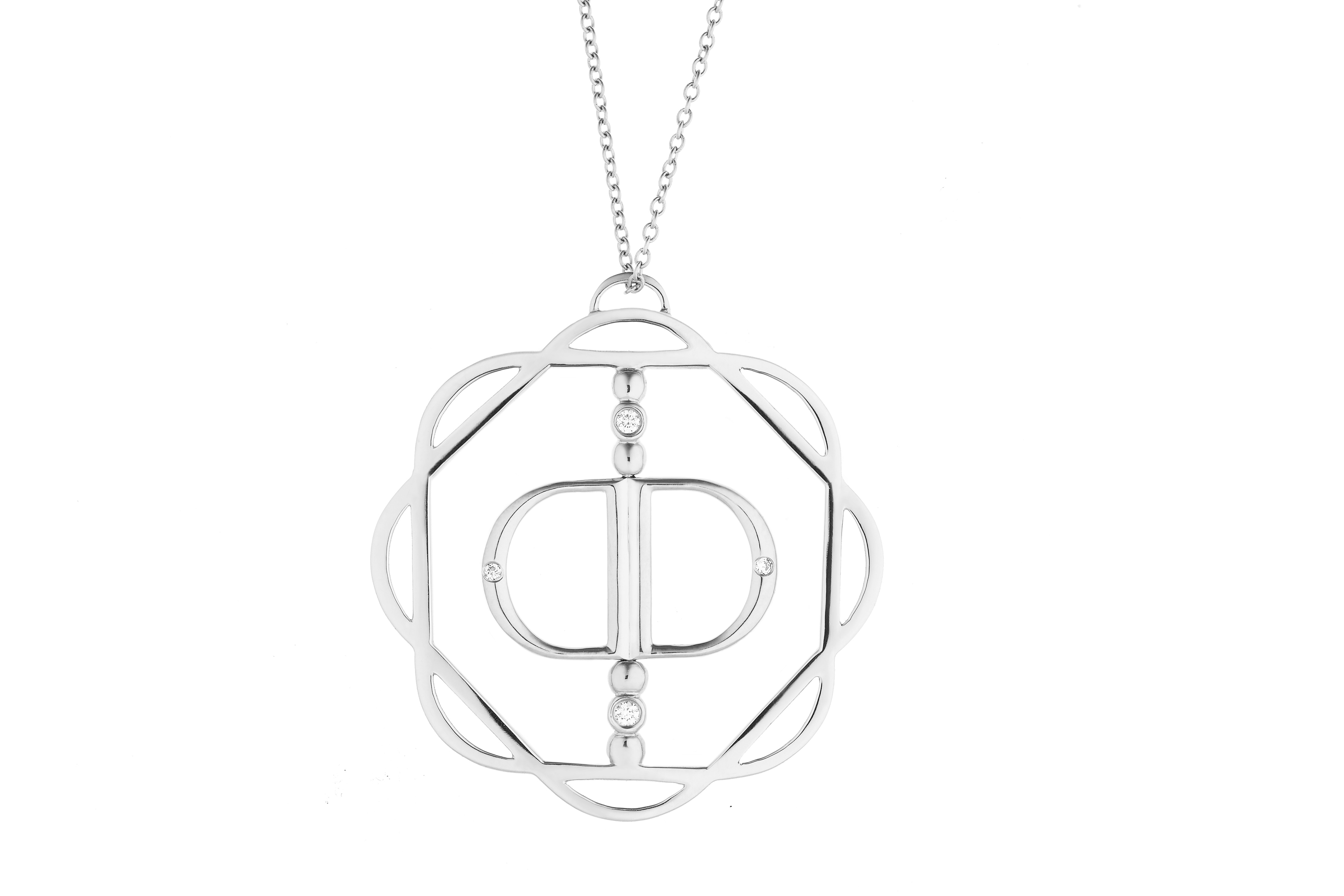 18K White Gold Cut-Out Flora Pendant with Mirror Double D and 4 Lab Created Diamonds on AIDIA Extendable Link Chain