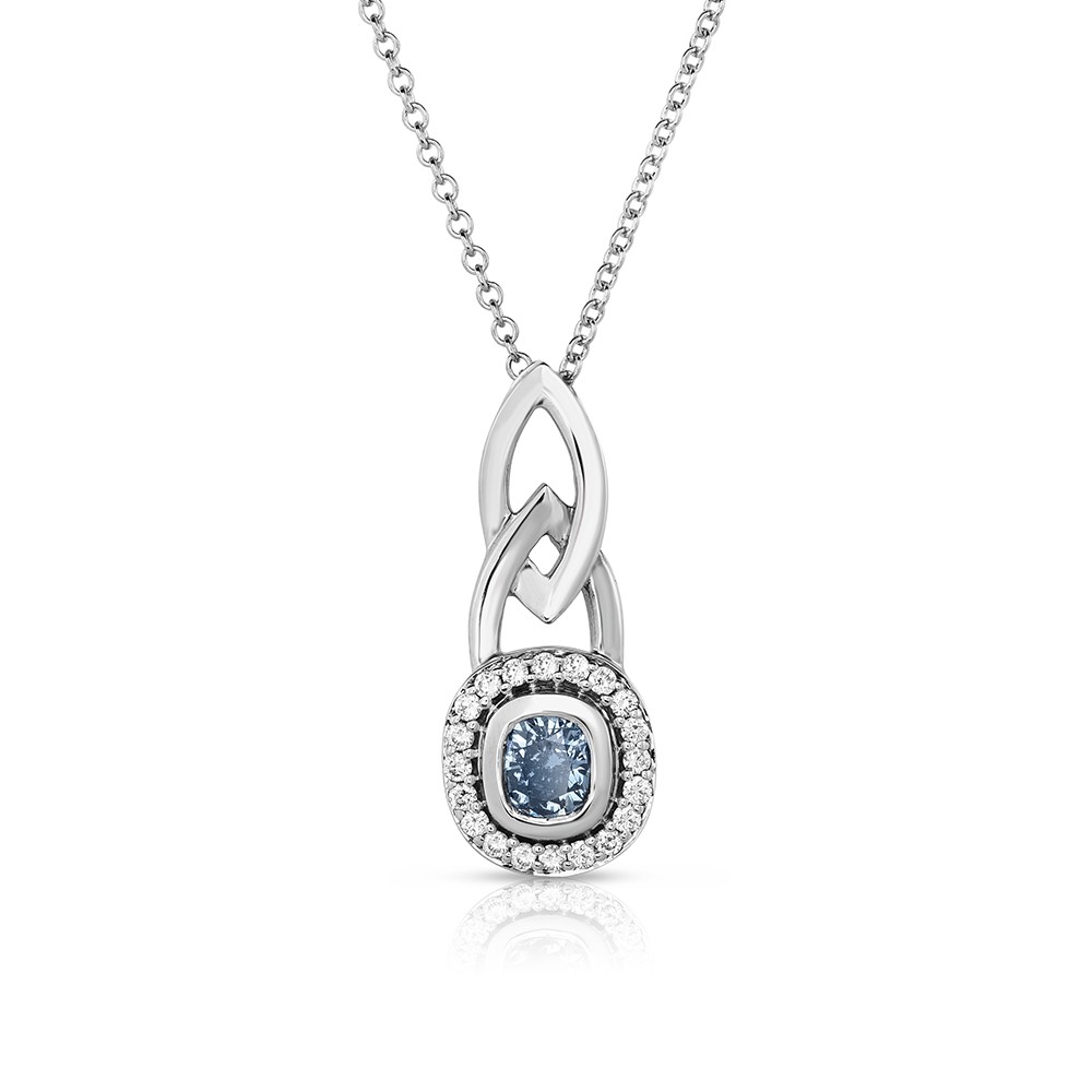 18K White Gold Halo Link Pendant with a 0.40ct Fancy Intense Blue Cushion Cut Lab-Grown