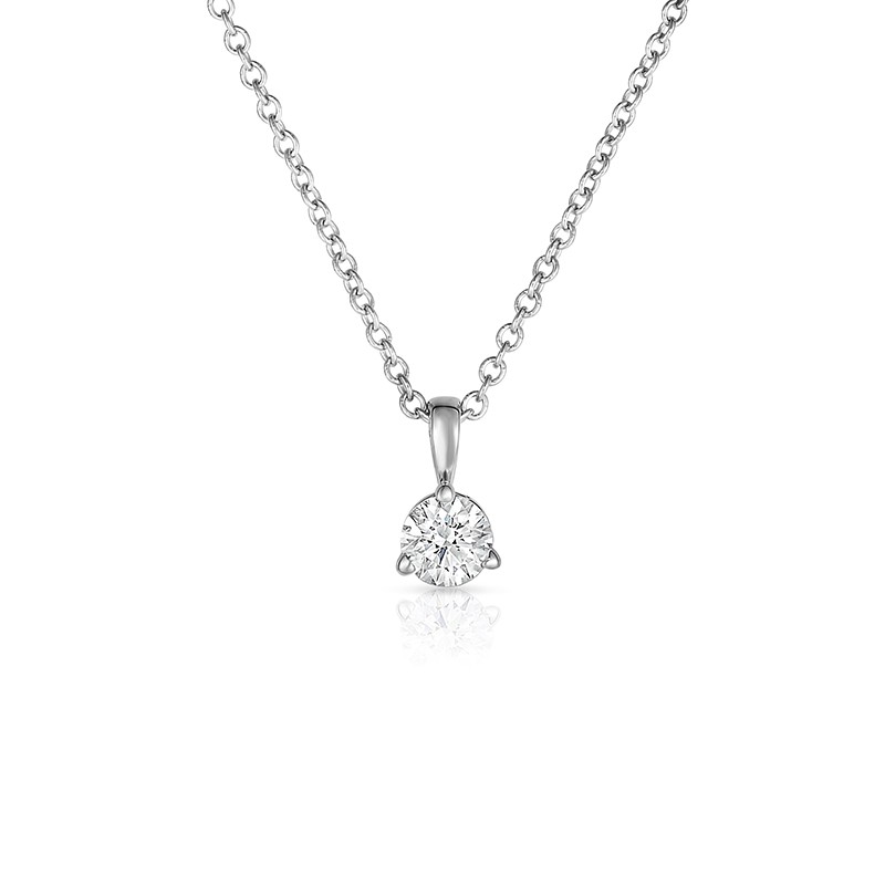 14K White Gold Round Lab Created Diamond Solitaire 3 Prong Pendant, on AIDIA Extendable Link Chain (0.10ct)