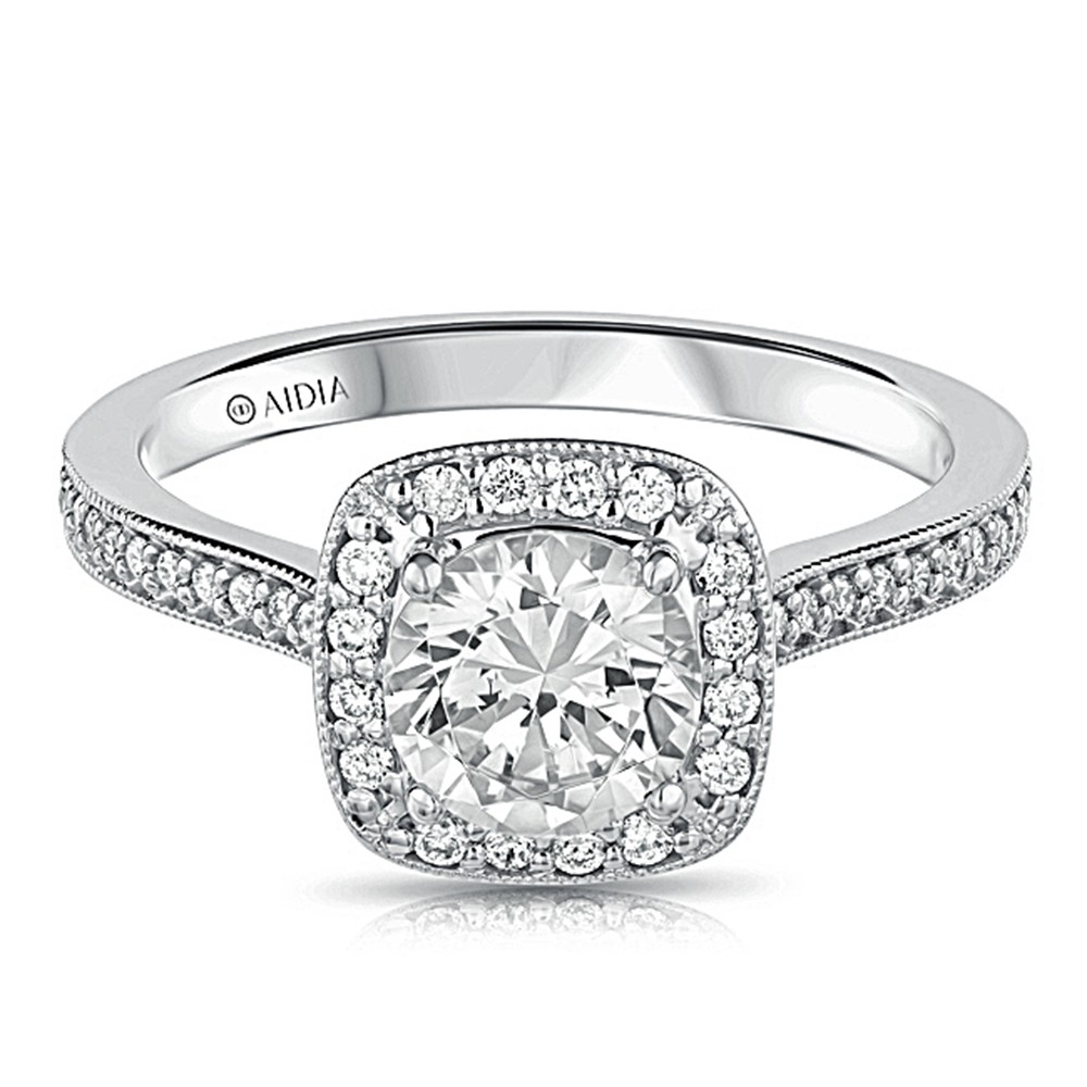 14K White Gold Vintage Milgrain Cushion Halo Lab Created Diamond Engagement Ring