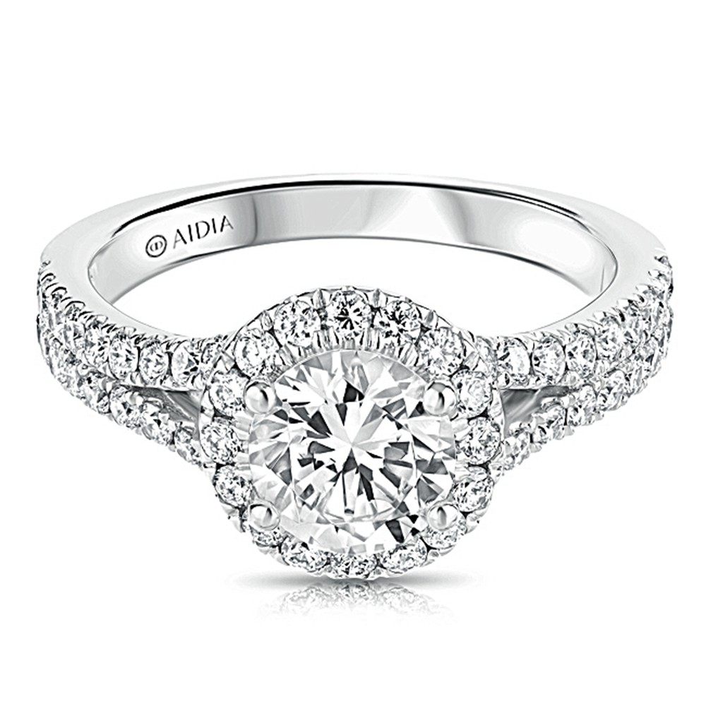 14K White Gold Round Halo Split Shank Lab Created Diamond Engagement Ring