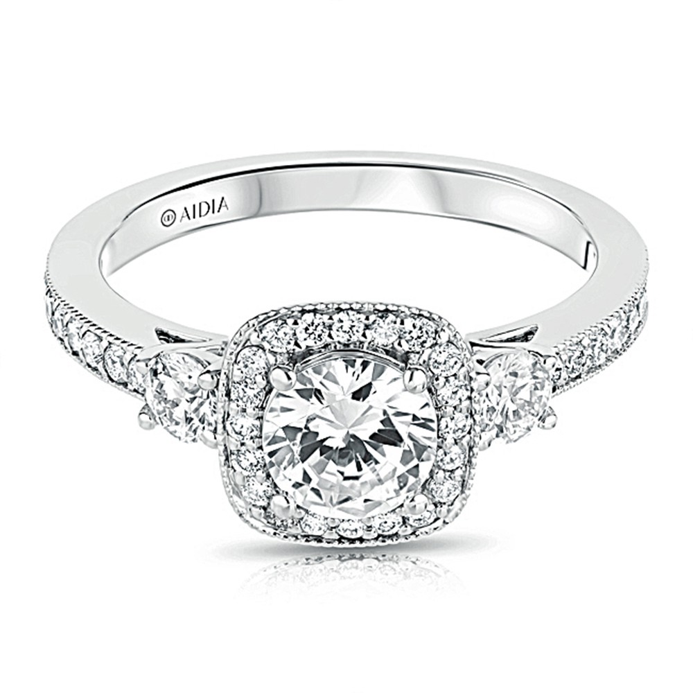 14K White Gold Three Stone Milgrain Cushion Halo Lab Created Diamond Engagement Ring