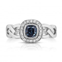 18K White Gold Halo Link Ring with a 0.46ct Fancy Deep Blue Cushion Cut Lab-Grown Diamond