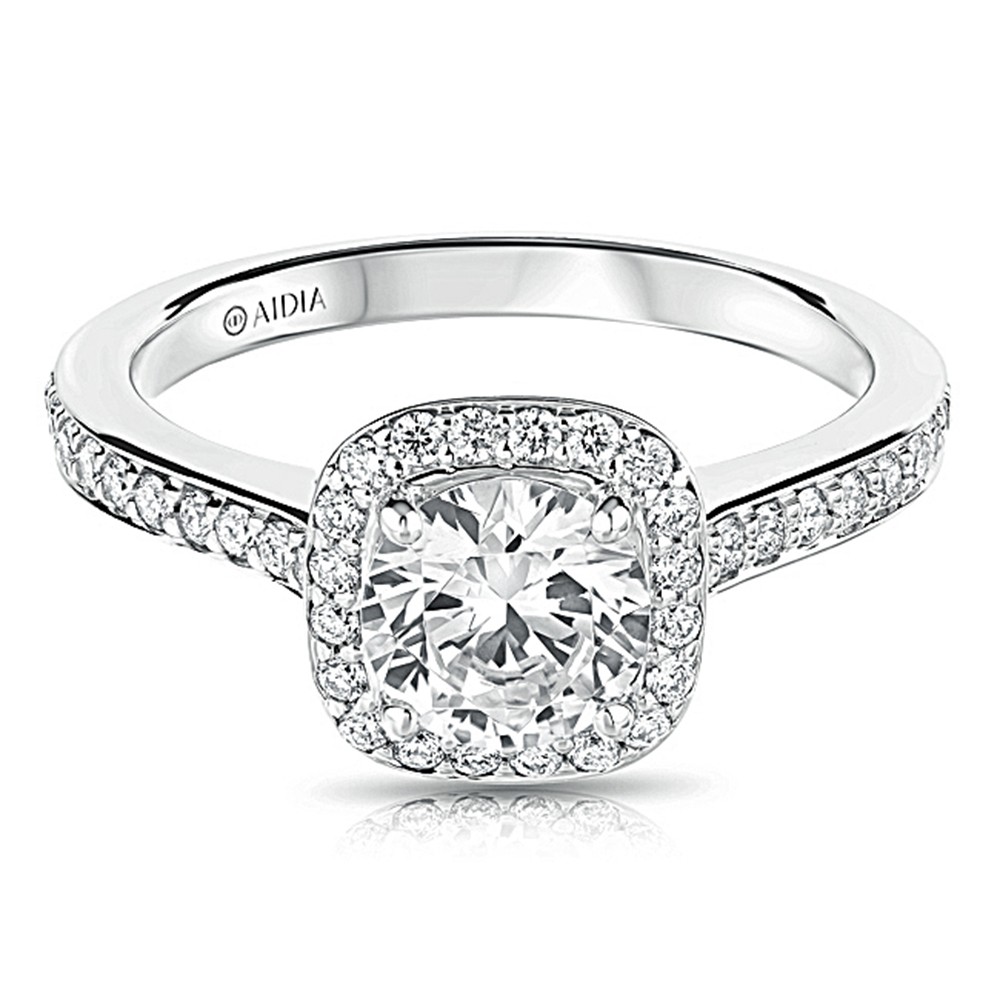 14K White Gold Cushion Halo Lab Created Diamond Engagement Ring